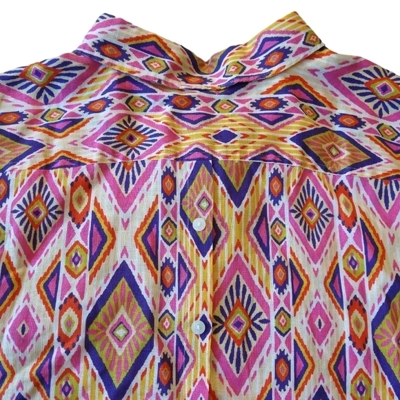Chico's 100% Linen No-Iron Ikat Multicolor Button Back 3/4 Sleeve Shirt Boho - Picture 8 of 10